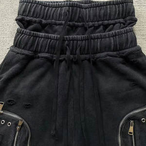 New Custom High Quality Streetwear Vintage Patch Sun Faded Distressed Double Waist Elastic Waist Baggy 100% Cotton <b>Sweat</b> <b>Shorts</b> - Product Image 3