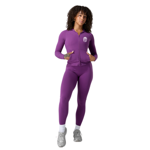 Haut de sport ajusté à manches longues pour femme, veste à capuche zippée violette extensible pour la gym, l'entraînement et le yoga - Product Image 3