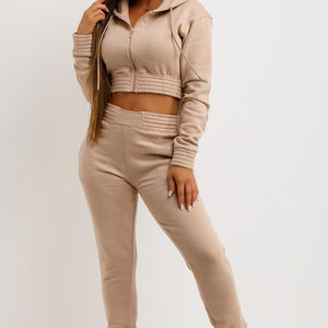 Conjunto de chándal para mujer de 2 piezas personalizado de la mejor calidad con cremallera frontal recortada con capucha y pantalones de chándal Conjunto de Jogger de 2 piezas para mujer - Product Image 6