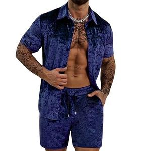 Customized Made Velvet Velour Buttons Down <b>Shirt</b> With Short Tracksuit Set Breathable Fitness Gym Joggers Running Sportswear Sets - Product Image 2