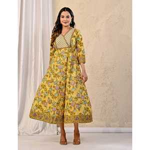 Vestido Largo Elegante Amarillo con Estampado Jaal de Algodón Crema para Mujer, Talla Única y 5XL, para Fiestas de Cumpleaños, Oficina, Trabajo, Clubes y Uso Diario - Product Image 4
