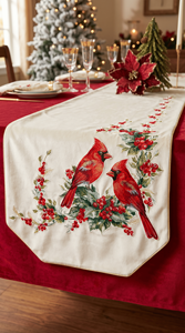 Luxury Embroidered Cotton <b>Table</b> <b>Runner</b> with Red Cardinals and Holly Pattern Traditional Home & Hotel Decor Washable - Product Image 4