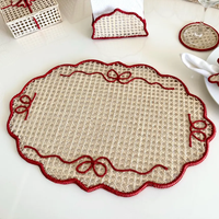 Set de table ovale en jonc de mer tissé à la main avec nœud brodé rouge / Set de table décoratif à bord festonné pour repas et fêtes