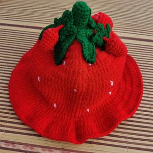 Custom Hand Knitted Crochet Bucket Hat Featuring Animation Character Style with Strawberry Frog Pig <b>Dog</b> Bows Cartoon Patterns - Product Image 6