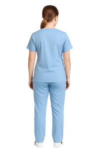 Top y pantalones elásticos unisex con cuello en V, juego de uniformes médicos de hospital OEM con tela de algodón polivinílico e impresión en relieve para enfermeras y médicos - Product Image 4