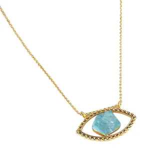 Raw Aquamarine Crystal Birthstone Evil Eye Necklace Gold Plated Birthstone Jewelry Healing Crystal Evil Eye Jewelry