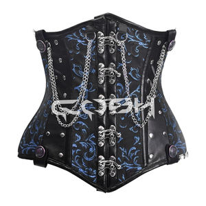 Corset steampunk en brocart marron avec panneaux en cuir - Product Image 3