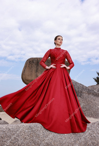 أنيق فستان زفاف رسمي أحمر طويل الأكمام لينة الساتان طول الكلمة مطرز مأدبة حفلة موسيقية فساتين السهرة - Product Image 4