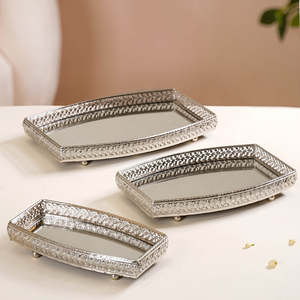 AMBAR EXPORTS Luxury Set of 3 Silver <b>Mirror</b> <b>Rectangle</b> Trays Handicraft Metal with Plant Pattern for Serving - Product Image 3