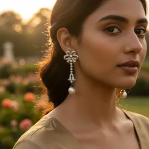 Boucles d'oreilles pendantes vintage pour femme, motif floral, avec perles d'imitation, plaqué argent, bijoux en argent 925 du Rajasthan, pour les occasions de fête - Product Image 3