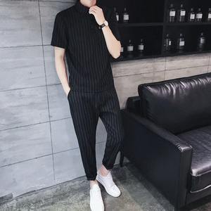 2024 tendencia básica camiseta a rayas conjuntos de pantalones para hombres estético negro algodón estampado cintura alta suelta ajuste verano sudadera pana - Product Image 3