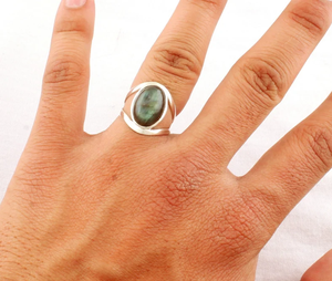 แหวนสองชั้นสำหรับผู้ชาย/ผู้หญิงแฟนซีแหวนเงินแท้925ทำด้วยมือพลอยรูปไข่ลาบราดอไรต์ธรรมชาติ - Product Image 4