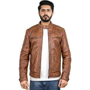 Autumn Stand Collar Genuine Leather Jacket XS-XXL Water Proof Ionic <b>Brown</b> with Zippered Closure ODM Supply Type - Product Image 1