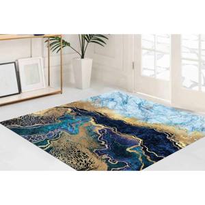 พรมหินอ่อนสีฟ้าและสีทองนามธรรม: พรมเน้นทันสมัยพรมบางใยสังเคราะห์ - Product Image 2