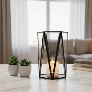 Portavelas Decorativo Moderno de Acero Inoxidable Cromado con Diseño Geométrico de Cristal para Interiores/Exteriores - Product Image 4