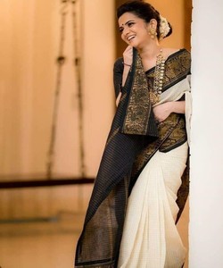 DESIGNER LICHI SOIE JACQUARD TRAVAIL SAREE AVEC CHEMISIER NON COUDU FESTIVAL WEAR PRIX DE GROS VÊTEMENT ETHNIQUE NOIR BLANC - Product Image 3