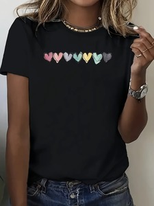 Camiseta informal de manga corta con cuello redondo para mujer, estampado de corazones degradados para primavera y verano, estampado Digital - Product Image 6