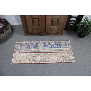 Alfombra Vintage, Alfombra Pequeña de 1.7x3.7 pies, Alfombra de Lana Azul y Roja - Product Image 3