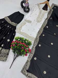 Paire de Sharara blanc et noir épais en tissu chinon avec séquence de broderie pour les femmes dans les festivals - Product Image 3