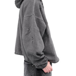 Venta al por mayor de encargo 350Gsm French Terry Heavyweight Pullover gris piedra lavada con capucha desgastada bordada con capucha para los hombres - Product Image 3