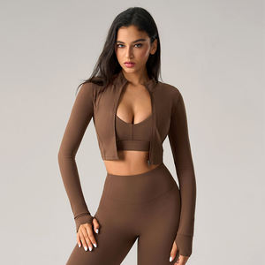 Veste de yoga pour femmes YMR-DCX011 en gros, fermeture éclair courte, coupe-vent, veste de sport à manches longues pour la course à pied - Product Image 4