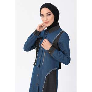 Ensemble deux pièces en jean bleu foncé pour femme avec fermeture éclair, combo hijab MSW10074-2, pantalon long décontracté mi-longueur, ample, XS-XL - Product Image 2