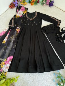 Fête régulière et de bureau spécial beau miroir et pierre travail couleur noire Anarkali évasé Kurti avec costume Salwar à impression numérique - Product Image 5