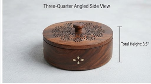 Boîte à épices ronde en bois à 7 compartiments avec couvercle sculpté et cuillère, design bohème, récipient alimentaire - Product Image 2