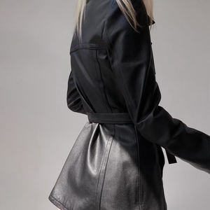 90s Vintage Leather Blazer <b>Black</b> Pure Sheepskin Jacket Long <b>Coat</b> <b>Black</b> Leather blazer Straight Fit Light Weight Leather Blazer - Product Image 2