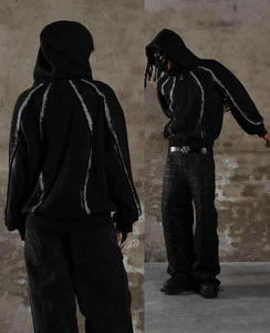 Haute qualité Vintage 100% coton sweat à capuche court taille XL lavé Streetwear avec bande frangée solide fermeture éclair en détresse pour l'hiver - Product Image 3