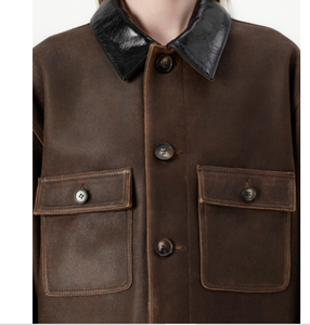 แจ็กเก็ตหนังแฟชั่นสำหรับสตรีแบบรูดซิปด้านหน้าสำหรับสุภาพสตรีสีน้ำตาลดำแบบลำลอง - Product Image 6