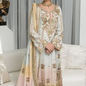 2023 New Indian/Pakistani Stunning Zari Embroidery Work Long Kurta & Pant <b>Dress</b> with Lace & Button Decor for Party/Wedding - Product Image 1