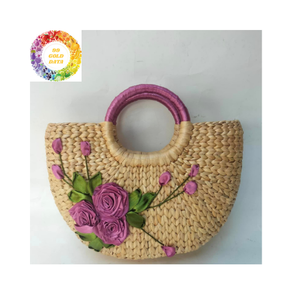 Casual Natural Water Hyacinth <b>Tote</b> <b>Bag</b> With Cotton Lining And Flower Ornament Trendy Handwoven <b>Straw</b> Purse For Ladies - Product Image 4