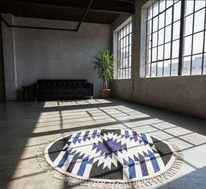 Handwoven Round Kilim <b>Rug</b> <b>Black</b> White & Navy Blue Geometric Starburst Flatweave Circle Carpet - Product Image 3