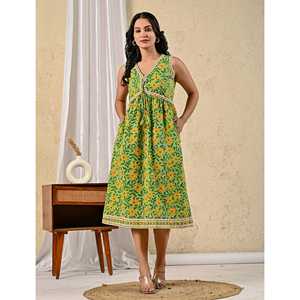 Vestido de Algodón Mulmul con Estampado Jaal Verde, Diseño ODM Personalizado, Casual y Elegante, Transpirable, Cintura Imperio, Tallas XS a 5XL, para el Día o para Salir de Noche - Product Image 3