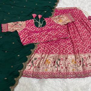 VASTRA COTTAGE Paithani <b>Silk</b> Lehenga Choli Set Stitched Embroidery Sequins Cutwork Lace Blouse <b>Silk</b> Dupatta Traditional Wear - Product Image 4