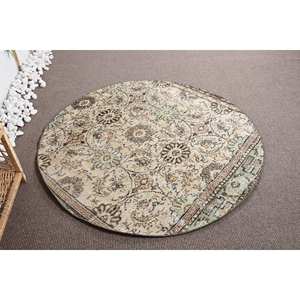 Tapis turc vintage classique beige vert 4.7x4,7 pieds grande surface patchwork motif laine avec support en latex pour couloir chambre - Product Image 4