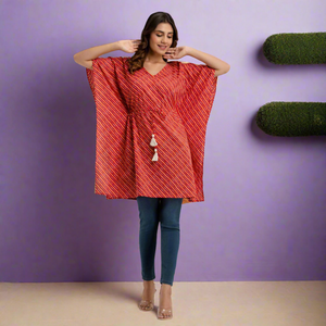 Free <b>Size</b> Red Leheryia Print Cotton <b>Kaftan</b> Dress Casual <b>Plus</b>-<b>Size</b> (SHKUP1223) for Day Knee-Length to Floor-Length - Product Image 1