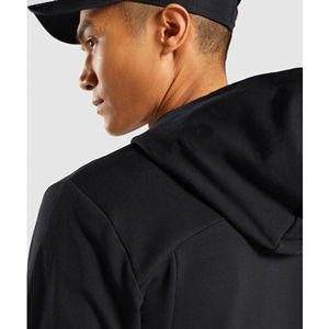 Sweat-shirt à capuche pour hommes personnalisé de couleur unie noir à fente latérale épaule tombante pull à manches longues poche avant hiver imprimé - Product Image 3