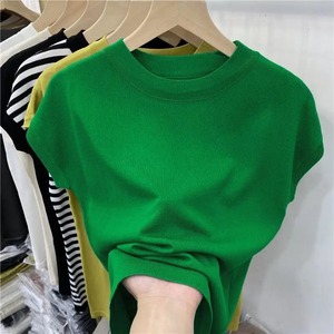 Streetwear Pullover Camiseta cuello redondo verano Mujer tejido moda mujer blusa manga corta Color sólido seda camiseta de gran tamaño - Product Image 4