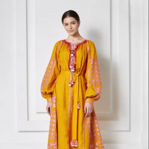 Elegante Pretty Lady Floral bordado lateral hendidura manga dividida Maxi vestido al por mayor India ucraniano bordado manga larga Maxi - Product Image 1