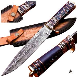 Couteau Bowie en acier Damas personnalisable OEM fait à la main avec manche en résine turquoise et étui en cuir à motif torsadé pour EDC - Product Image 1