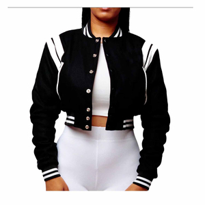 Crop Branded 2025 Chaqueta universitaria de lana para mujer con mangas a rayas y cuello alto Tela de lona de estilo callejero - Product Image 2