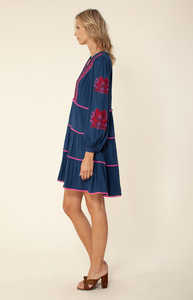 Vestidos cortos azul marino para mujer Vestido hecho a mano de diseñador bordado de manga larga - Product Image 2