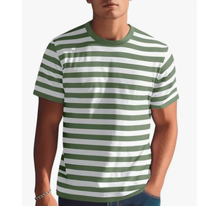 เสื้อยืดลายทางสำหรับผู้ชายผ้าฝ้าย100% คอกลมทรงหลวมลำลองแขนสั้นโอเวอร์ไซส์พร้อมโลโก้ด้านหน้าสำหรับฤดูร้อน2025 - Product Image 3