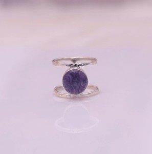 Offre Spéciale bague Double bande pour femme faite à la main véritable Charoite pierre précieuse solide 925 en argent Sterling lunette réglage classique pour les fêtes - Product Image 4