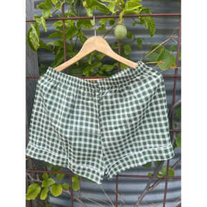 Pijama corto verde a cuadros vichy personalizable, mono sostenible con cintura elástica y cordón con botones para el hogar, conjunto de bata tejida ODM - Product Image 4