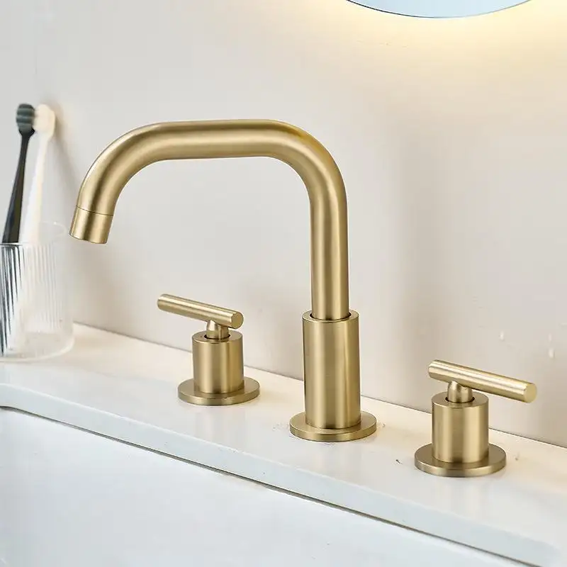 Badkamer Geborsteld Goud Dubbele Handgreep Wastafel Kraan Warm Koud Mixer Tap Draaibare Uitloop Toilet Gootsteen Cupc Kraan