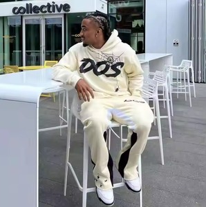 Chándales de algodón 100% de alta calidad, conjunto de pantalones de chándal y Sudadera con capucha, logotipo personalizado, sudadera con dobladillo crudo para hombre, pantalones acampanados, conjunto de Sudadera con capucha - Product Image 1