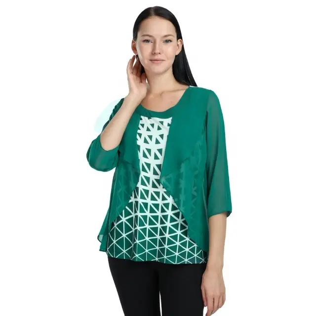 Plus Size Women Clothing Wholesale Manufacturer Fashion Three Quarter Sleeve High Quality Elegant Office Green Printed Blouse
